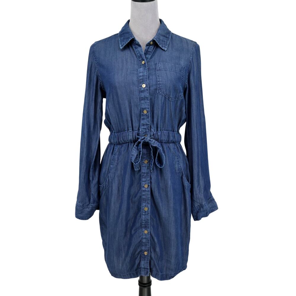 Calvin Klein Dress Womens 4 Blue Chambray Shirtdress Drawstring Waist Roll Tab